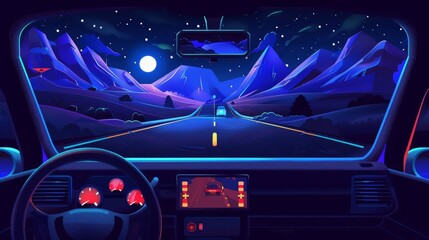 Wall Mural - Car drive inside view on the Rocky Mountain Road at night. Speed sign on highway for driver. Navigation screen interface, windshield, and mirror.