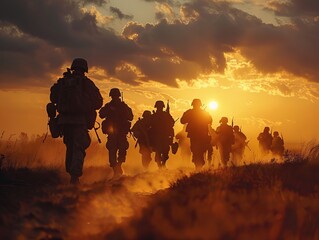 Silhouettes of armed soldiers marching in dusty conditions against a dramatic sunset backdrop, invoking concepts of war and the military