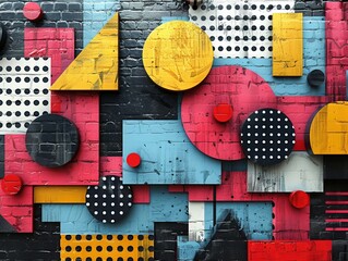 Canvas Print - Outdoors street art featuring an abstract, vibrant, geometric mural with various shapes and colors