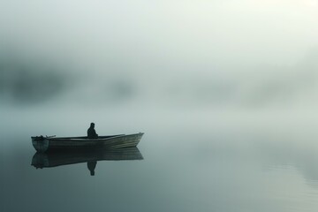 Poster - Solitary figure in a boat on a serene, fog-covered lake at dawn