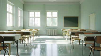 Aufkleber - Classroom schoolInterior of clean spacious classroom ready for new school year Empty room with white walls comfortable desks chairs green blackboard whiteboard Back to school : Generative AI