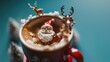 A miniature Santa climbing out of a coffee cup, with tiny reindeer perched on the rim, a magical morning brew