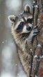 A mischievous snow raccoon, hands together, peeking from behind a tree, with copy space on the right
