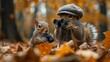 A mischievous squirrel wearing a detective hat, using binoculars to spy on a bird nest, surrounded by autumn leaves