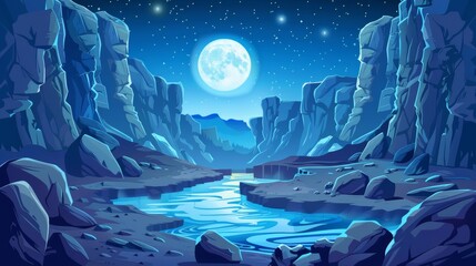 Sticker - Under blue skies with full moon light, an ancient canyon with cliffs and huge stones is shown with water flowing through. The background for an adventure game.