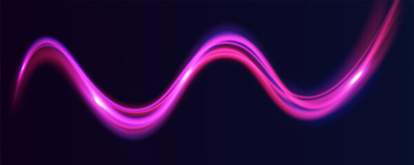 Poster - High speed effect motion blur night lights blue and red. Futuristic neon light line trails. bright sparkling background. Purple glowing wave swirl, impulse cable lines. Long time exposure. Vector