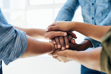 Poster - Business people, hands and stack for collaboration in office, motivation and solidarity for trust. Employees, support and partnership at agency, pile and staff at workshop or team building at work