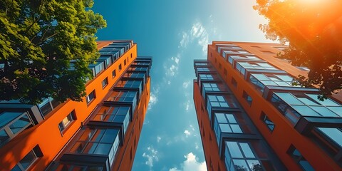 Poster - Modern High Rise Buildings in Urban Cityscape with Vibrant Architectural Design and Contrasting Colors