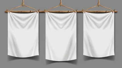 Poster - Blank white fabric banner sign modern on rope for advertising. 3d empty textile material poster mockup set isolated on transparent background. Hanging cloth signboard.