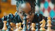 Black woman practicing chess sport, person is focused and enjoying the sport, sports photography, generative ai

