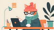 Cute cartoon illustration of a person working on a laptop with a playful cat companion