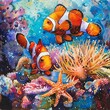 Cheerful clownfish and starfish in a lively coral reef, painted in vivid watercolors to capture the essence of underwater magic