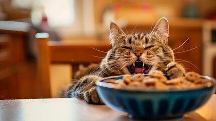 Poster - Round-bodied tabby cat playfully pawing at a bowl of crunchy treats, its chubby cheeks adding to its irresistible charm.