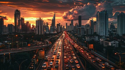 Aufkleber - Rush hour traffic on a bridge with city skyline in the background, showcasing urban mobility challenges.