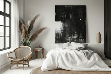 Canvas Print - Elegant bedroom featuring a cozy bed, abstract painting, and natural accents