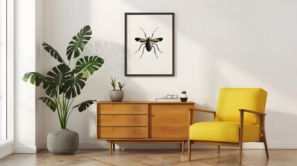 Classy minimalist living room interior with a framed insect poster on a wooden dresser yellow armchair and monstera plant : Generative AI