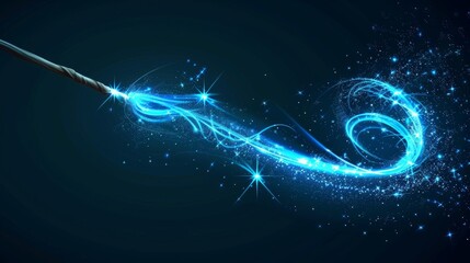 Wall Mural - Modern illustration of a wizard's wand and spell. The effect is set on a black background. A fairy glitter trail effect is created with a glowing stick on a fantasy spiral vortex.
