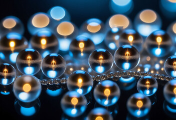Wall Mural - A close-up image of small, round, transparent beads with a shiny surface reflecting the light
