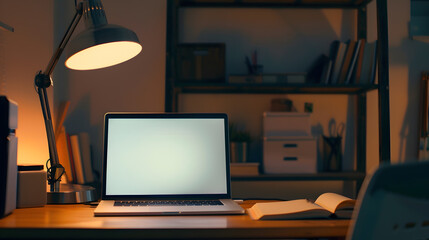 Aufkleber - Remote work at home office online education study freelance internet connection wireless technology Vertical shot of modern laptop with blank display on desk Table lamp and open book f : Generative AI