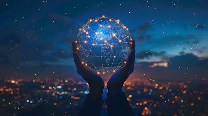 Poster - Abstract science, circle global network connection in hands on night sky background / Blue tone concept
