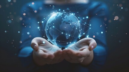 Poster - Abstract science, circle global network connection in hands on night sky background / Blue tone concept