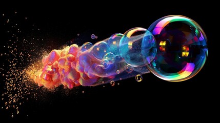 Poster - 3D magic foam water with reflection sprite design. Isolated realistic sheet with rainbow shampoo ball explosion in air video fx graphic set.