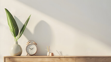 Minimalist concept of living room interior at elegant apartment with wooden commode leaf in ceramic vase clock and elegant personal accessories in modern home decor Copy space Template : Generative AI