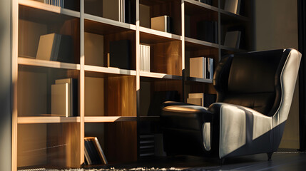 Poster - Bookcase with armchair in modern interior of room : Generative AI