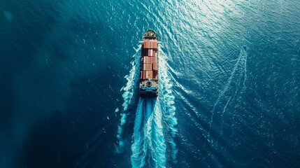 container ship moving through the ocean in aerial view