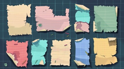 Poster - Realistic modern illustration set of cut square and rectangular notepad page fragments with torn and ripped edges. Clean, squared, lined and dotted scraps of colored paper.