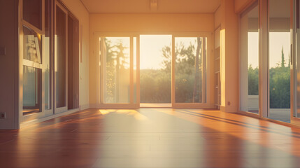 Poster - an empty living room with sliding glass doors and floor to the right there is no one person in it : Generative AI