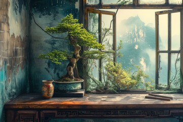 Poster - Tranquil scene of a bonsai tree on a windowsill with a scenic mountain backdrop