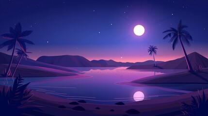 Wall Mural - A cool summer's night oasis with lake. Night egyptian panorama landscape with starry light in summer. Tropic sahara sand hills with mirage.