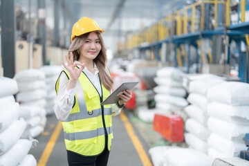 The industrial factory thrived under the guidance of the Asian female engineer, marking a triumph for the business with the implementation of tablet technology for the company.