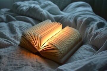 Sticker - Open book with luminous pages on a cozy bed, inviting magical nighttime reading