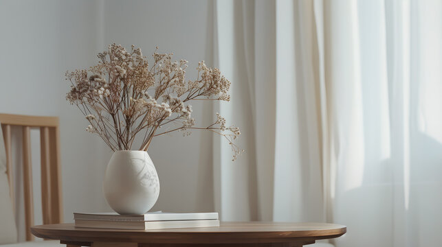 Minimalistic and design composition of dried flowers in stylish vase books and wooden coffee table in white interior of living room Copy space : Generative AI