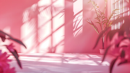 Abstract pink color gradient studio background for product presentation Empty room with shadows of window and flowers and palm leaves  3d room with copy space Summer concert Blurred ba : Generative AI