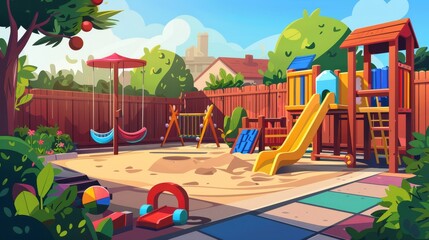 There is a playground in the courtyard of the house with a sandbox, toys, a seesaw swing and a kids tricycle. This is a cartoon modern landscape with child play equipment during a sunny day in the