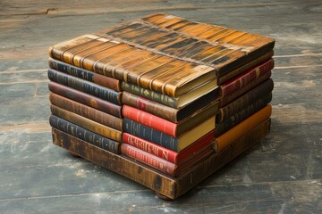 Wall Mural - Neat pile of old leather-bound books on a rustic wooden background