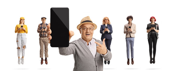 Canvas Print - Senior man with a smartphone and group of happy people using phones and jumping