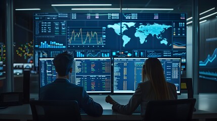 Poster - Financial Professionals Analyzing Global Market Data on Multiple Screens