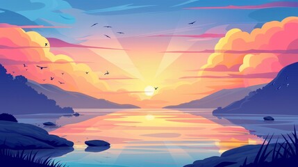 Wall Mural - Sunset sky above river water landscape modern background. Nature view of the calm ocean at sunrise in adventure valley.