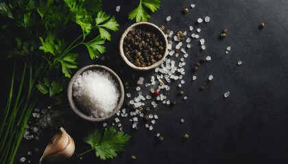 Wall Mural -  Salt, pepper and parsley on black background. Top view with copy space