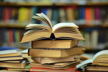 Poster - open hardcover book on top of a stack of books with a blurred library background