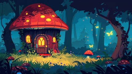 Wall Mural - In the night forest, gnome mushroom houses glow with neon light as they sit on grass in a dark wood glade, with fireflies glowing between trees. Modern cartoon illustration of fly agaric huts in