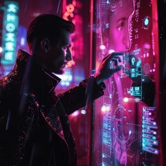 A detective using a holographic interface to match facial features with a database, neon-lit, in a cyberpunk urban setting.