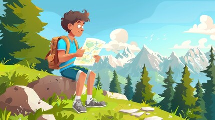 Wall Mural - A teen male tourist hiking in the mountains, referring to a route map, a green fir tree along a footpath on a hillside, and a stone along a footpath.