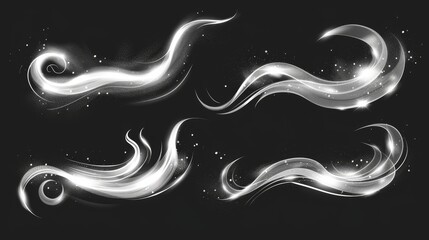 Poster - A white swirls set isolated on a black background. Modern realistic illustration of neon light waves and an infinity sign, magic sparkling particles, a fresh aroma trail, and fresh frosty air in