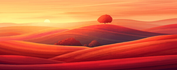 Wall Mural - Rolling hills at sunset with fields and tiny trees. Vector flat minimalistic isolated illustration.
