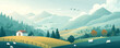 © Влада Яковенко - A peaceful countryside scene with rolling hills, grazing sheep, and a rustic farmhouse nestled among trees. Vector flat minimalistic isolated illustration